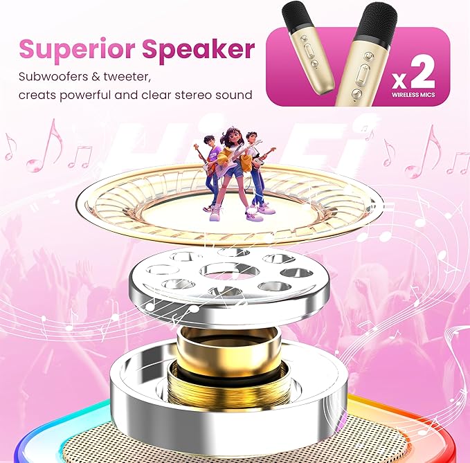 Mini Karaoke Machine for Kids Adults, Portable Bluetooth Speaker with 2 Wireless Karaoke Microphones, 2026 TOP Birthday for Girls Boys 3,4,5,6,7,8+Year Old Toddler Toys Karaoke Player(Gold)