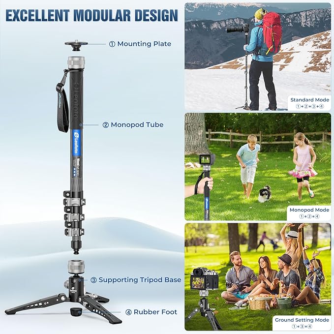 Leofoto Professional Carbon Fiber Monopod with Pedal, 63.78" Portable Travel Monopod with Removable Tripod Base for Camera, Max Load 11.02LB/5KG, Compatible with Sony/Canon/Nikon/DSLR (MF-324C)