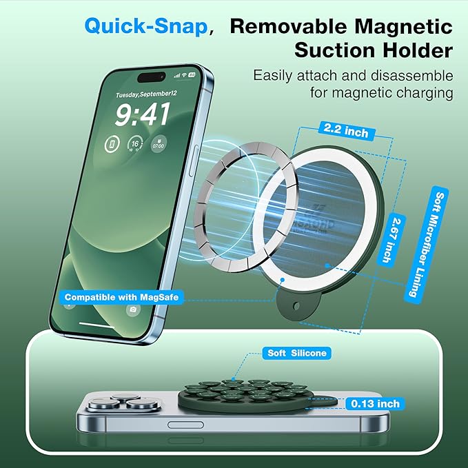 Magnetic Suction Cup Phone Mount, Compatible with MagSafe, Silicone Octo Cup Buddy Sticky Grip Holder for iPhone and Android, Removable Hands-Free Selfie/Video for TikTok, Alpine Green