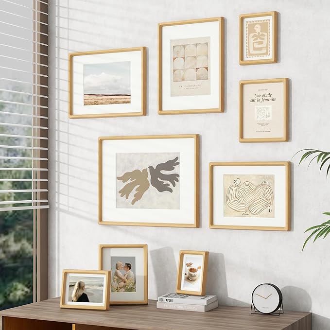 11x14 Picture Frame, USA-Sourced Natural Beech Wood Photo Frame with Tempered Glass, Handcrafted Rounded Corner 11 x 14 Wooden Frame Matted to 8x10 Photos, Hanging Hooks Included