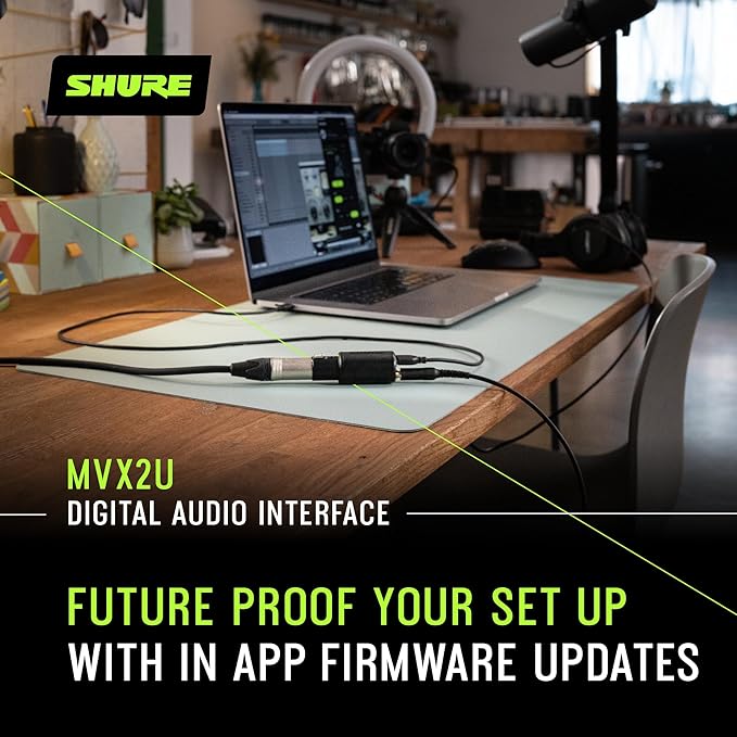 Shure MVX2U XLR-to-USB Interface with Headphone Jack, 60dB Gain, Zero-Latency Monitoring, 48V Phantom Power, ShurePlus App, USB-C Cable