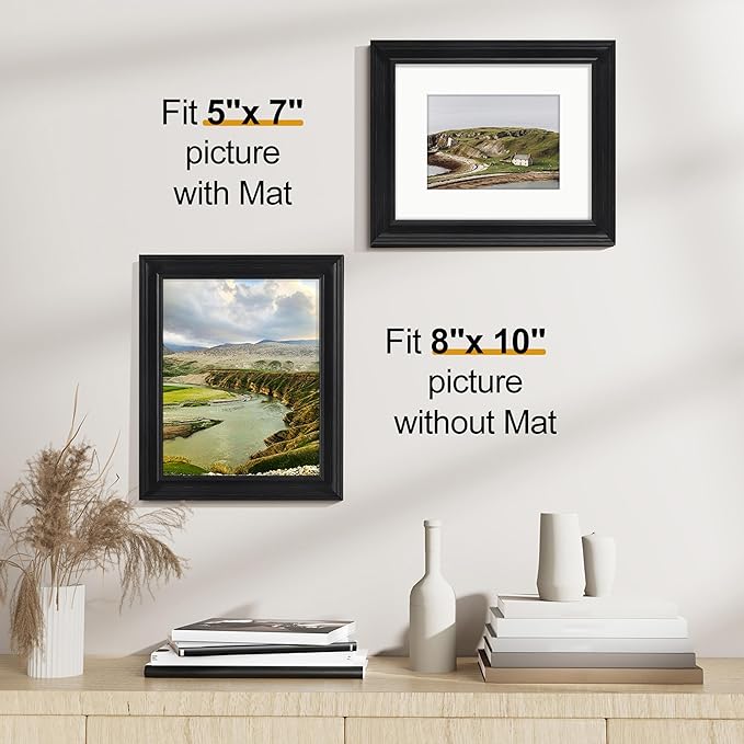 Vittanly 8x10 Picture Frames Set of 2, Ornate Vintage Photo Frame for Wall or Tabletop, Display 5x7 Pictures with Mat or 8x10 without Mat, Vintage Black