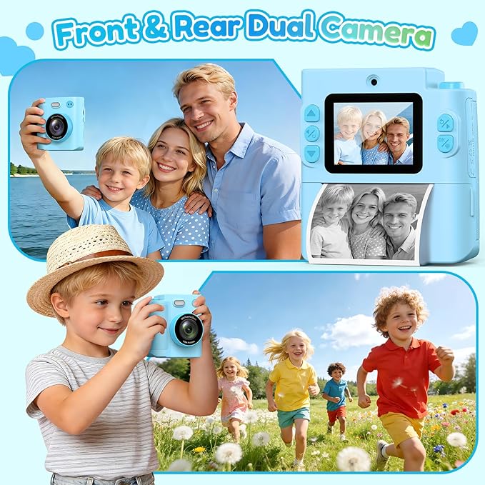 Kids Camera Gift for Boys Girls: Digital Camera Instant Print Support Dual HD Video Toys for Kids Teen Boys Girls Ages 3 4 5 6 7 8 9 10 11 12 Birthday Christmas Valentines Gifts with 32G SD Card Blue