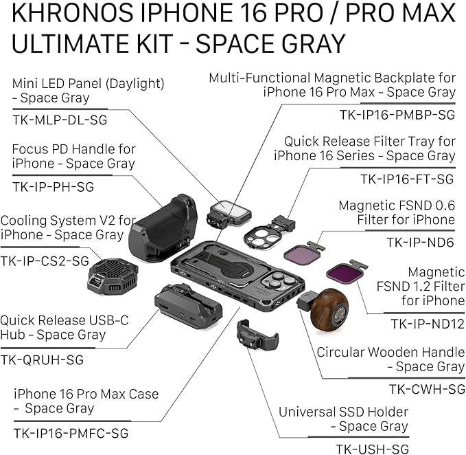 Tilta Khronos Ultimate Kit Compatible with iPhone 16 Pro Max – Space Gray | Mobile Filmmaking | Phone Camera Cage & Video Rig | USB-C/HDMI Hub | Focus & Wooden Handle | ND Filters | Cooling System