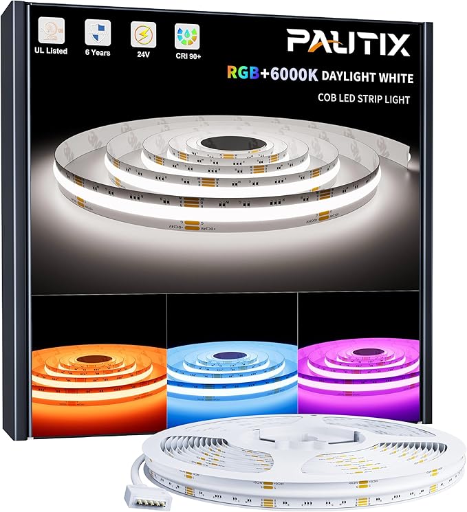 PAUTIX RGBW COB LED Strip Lights Bright 6000K Daylight White 20ft,UL-Listed Dotless LED Lights,24V Flexible Color Changing RGB Light for Game Room,Bedroom,Party(Power Supply & Controller Not Included)