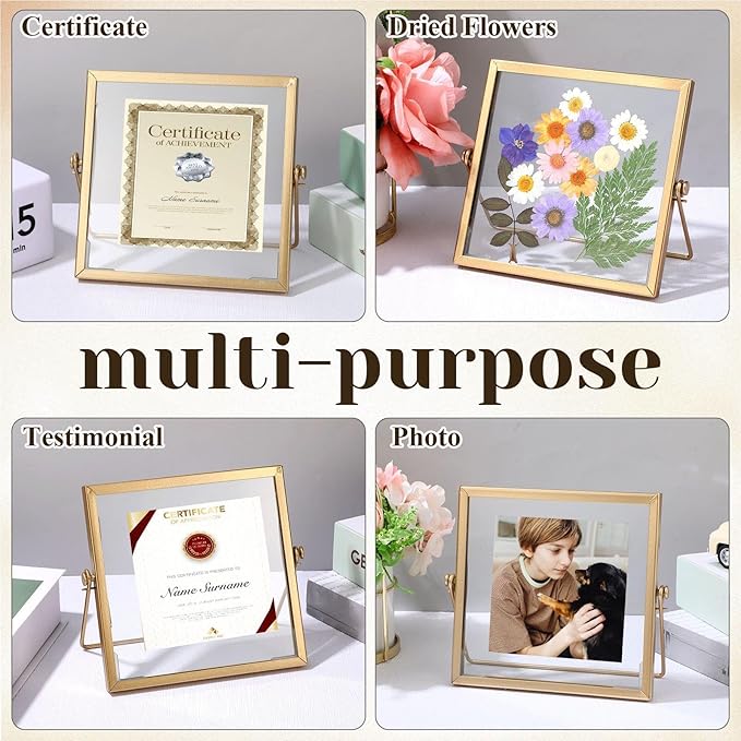 Hoteam 16 Pcs Gold Floating Frames 4 x 4 Inches Glass Photo Frames Vertical Vintage Metal Picture for Wedding Photo Picture Mounting Tabletop Display Office Decor(Gold)