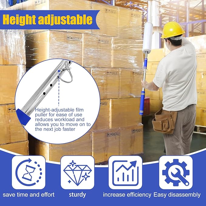 Long Handle Pallet Stretch Wrap Dispenser, Stretch Film Packing Machine, Stretch Film Dispenser Pole Holder, for Film Width 12-20 inch、Rolls 1.5" to 3" Diamater Cores Pallet Wrap (48in)