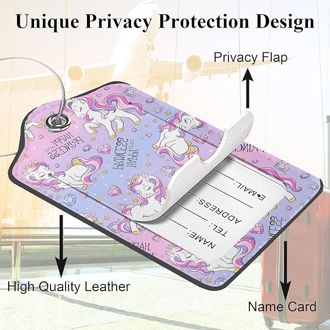 Art Watercolor Unicorns 2 Pack PU Leather Luggage Tags with Stainless Steel Loop, Funny Travel Labels with Privacy Cover ID Label for Quick Spotting