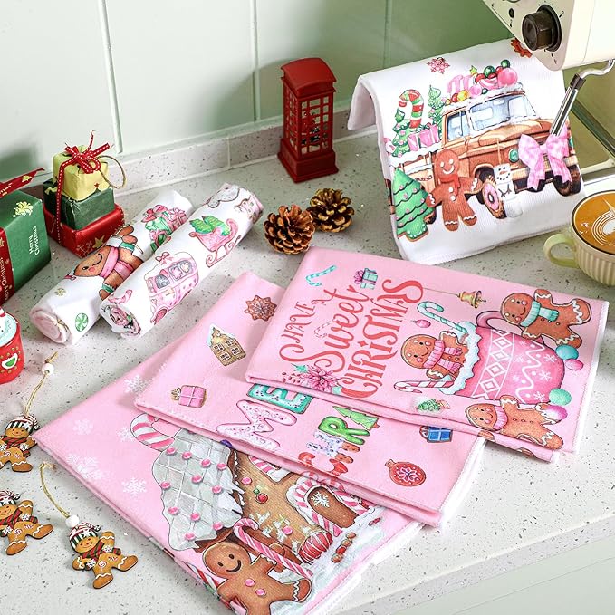 Preboun 6 Pcs Merry Christmas Kitchen Towels Gingerbread Decorative Hand Towels Sweet Cute Pink Dish Cloth Farmhouse Xmas Tea Cloth Kitchen Accessories Bathroom Decor