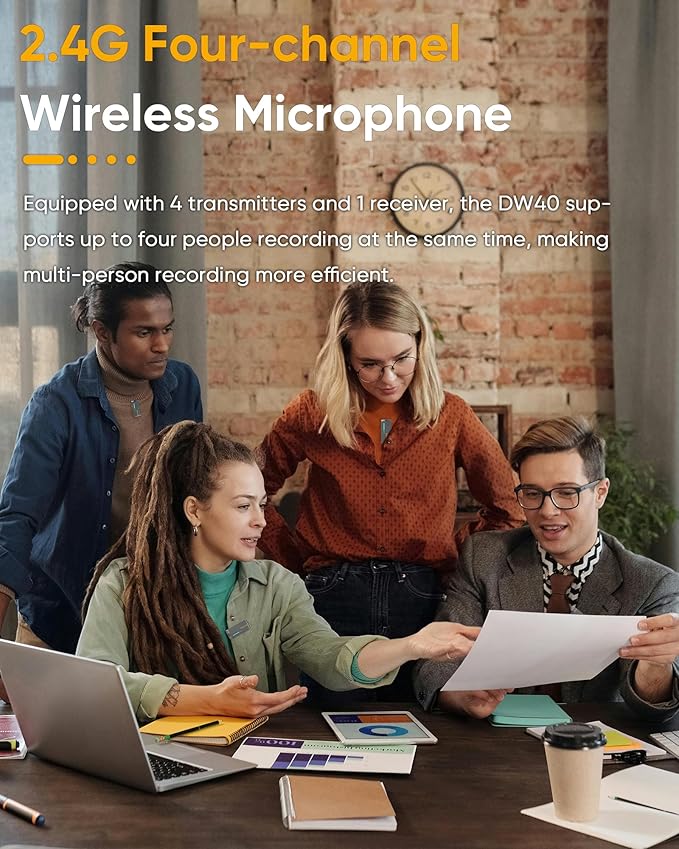 7RYMS iRay DW40 4-Channel Wireless Lavalier Microphone with Noise Cancellation, 656ft Range, 12.5H Working, Wireless Laple Mic for iPhone, DSLR Camera, Android, Video Recording Podcast Live-Stream