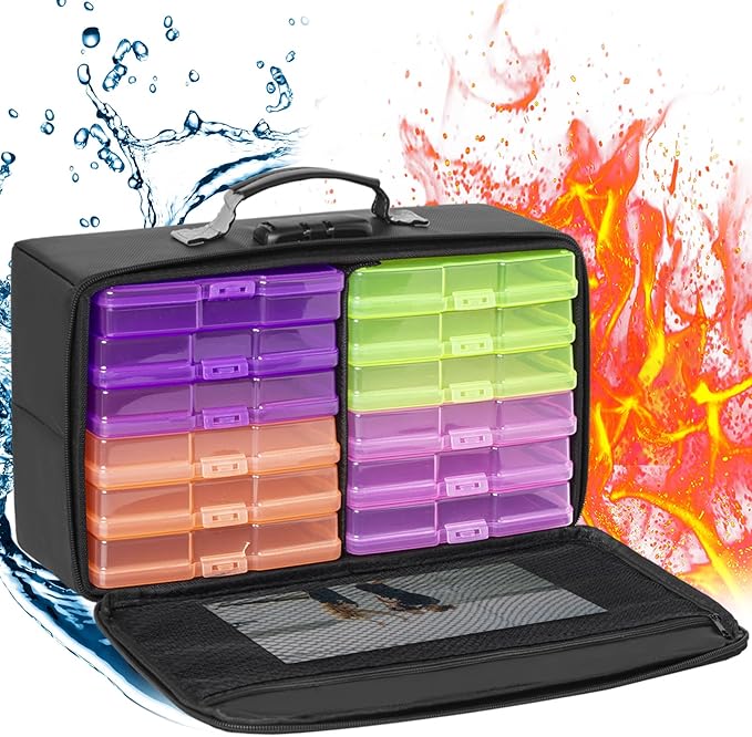 IBVIVIC Fire-resistant Photo Storage Box with 12 Inner 4" x 6" Photo Case(Multiple colors),Photo Box Organizer with Lock