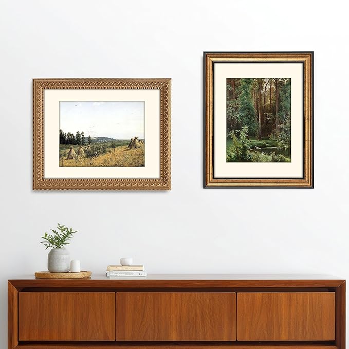 12x16 Antique Gold with Dark Brown Border Trim Wood Ornate Vintage Classic Picture Frame, With Mat 9x12 inches, Plexi Glass Cover, Horiztonal or Vertical Display, 2 Pack