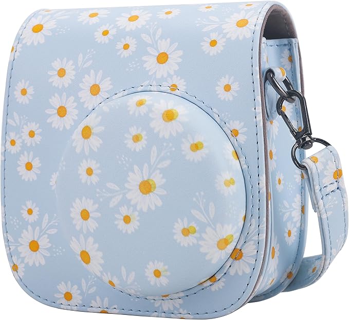 Frankmate Protective Case Compatible with Fujifilm Instax Mini 12 11 9 8 Instant Film Camera with Pocket and Adjustable Strap (Blue Daisy)