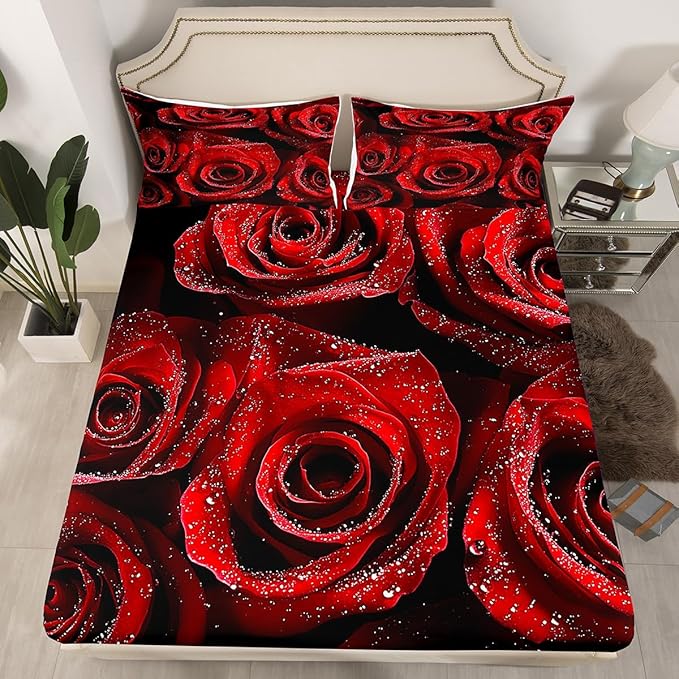 Erosebridal Red Rose Twin Size 3 Piece Bedding Blossom Rose Flowers Fitted & Flat Sheet for Women Girls, Valentine's Day Romantic Moment Print