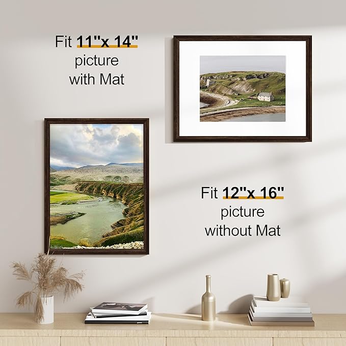 Vittanly 12x16 Picture Frames Set of 2, Ornate Vintage Photo Frame for Wall Mount, Display 8.5x11 Pictures with Mat or 12x16 without Mat, Rustic Brown