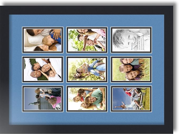 ArtToFrames Collage Photo Frame Double Mat with 9-3x5 Openings with Satin Black Frame and Liberty Blue mat.