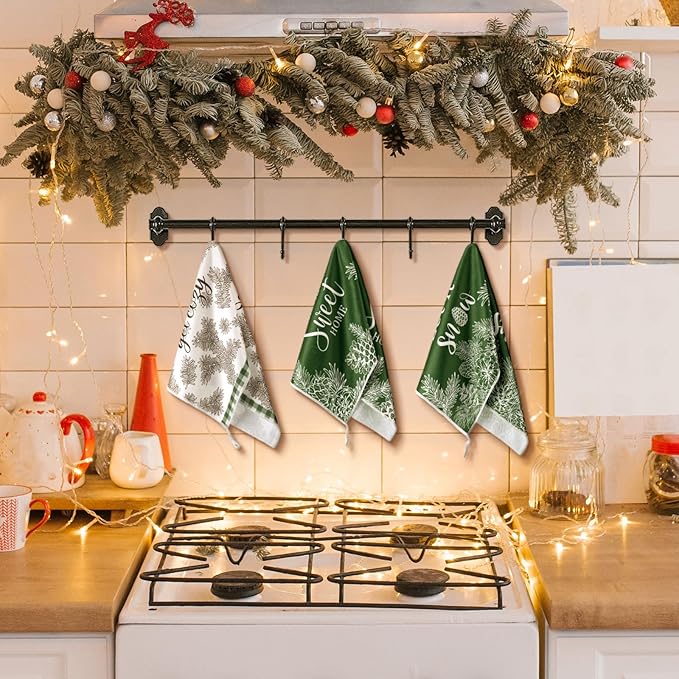 Preboun 6 Pcs Christmas Kitchen Towels Winter Hand Towels Pine Cones Pine Needles Dish Cloth Xmas Decorative Farmhouse Tea Cloth Absorbent for Holiday Kitchen Bathroom Decor