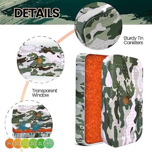 40 Gram Gun Safe Dehumidifier Camouflage, Rechargeable Desiccant Canister Dehumidifier Bags, Reusable Silica Gel Packets Moisture Absorbers for Car, Bathroom, Basement [2 Pack]