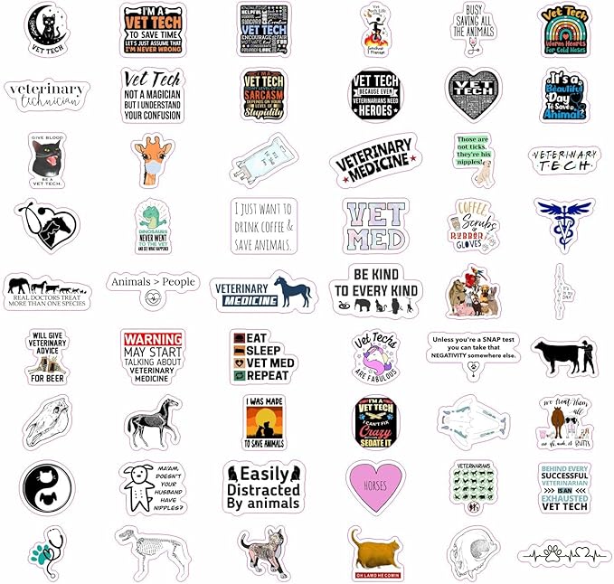 BulbaCraft 100Pcs Funny Vet Tech Stickers, Veterinary Technician Decals - Vet Tech Gifts Bulk, Veterinary Technician Present, Gifts for Women & Men