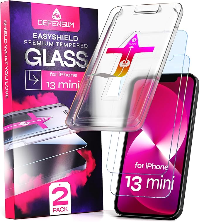 Defenslim Screen Protector for iPhone 13 mini (2Pack), Easy Auto-Align Install Kit, 5.4" Tempered Glass, 9H Hardness, Ultra HD Clear, Case Friendly, EasyShield