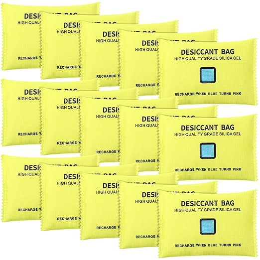 15 Pack 100 g Rechargeable Desiccant Packs Silica Gel Desiccant Moisture Absorbing Bag for Storage Reusable Car Dehumidifier Bag Bin Indicating Silica Gel Packet for Home (5 x 3.5 Inches)