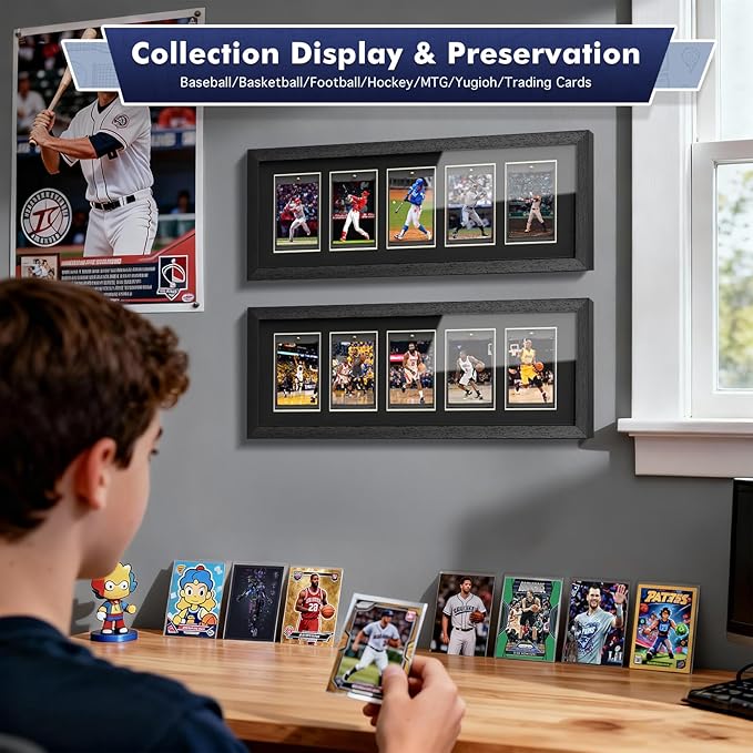 Baseball Card Display Case, Wall Mount Trading Card Display Frame for 5 Standard Cards with UV Protection Magnetic Card Holder, Sports Display Cases for Football Basketball Hockey Card Collection