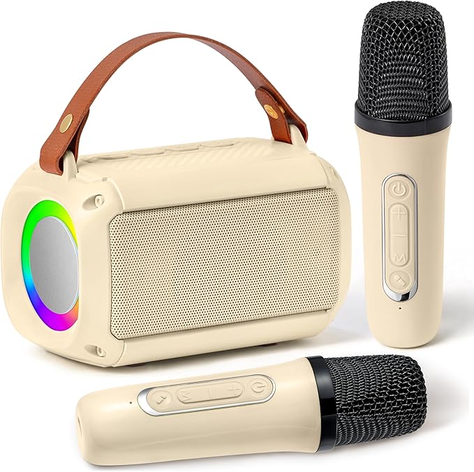MALLMALL6 Mini Karaoke Machine with 2 Wireless Microphone for Kids Portable Bluetooth 5.3 Karaoke Mic LED Color Lights Speaker Christmas Birthday Family Home Party Toys Gift for Boys Girls Beige