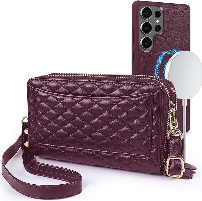 Harryshell Compatible with Samsung Galaxy S26 Ultra Case Wallet Multi Zipper Detachable Removable Cover Purse with Card Slots Holder Mirror Crossbody Strap (Compatible with Magsafe-Burgundy)