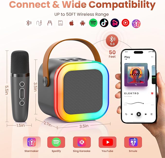 Mini Karaoke Machine for Kids Adults, Portable Bluetooth Speaker with 2 Wireless Karaoke Microphones, 2026 TOP Birthday for Girls Boys 3,4,5,6,7,8+Year Old Toddler Toys Karaoke Player(Grey)