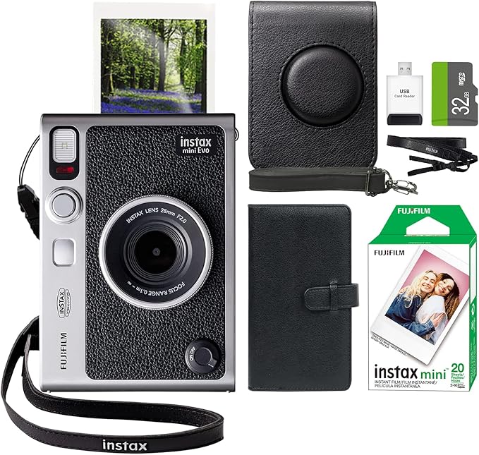FUJIFILM INSTAX Mini EVO Hybrid Instant Camera Black + Fuji Instax Film 20 Sheet + Custom Case & Album 32GB Micro SD Memory Card Accessory Bundle