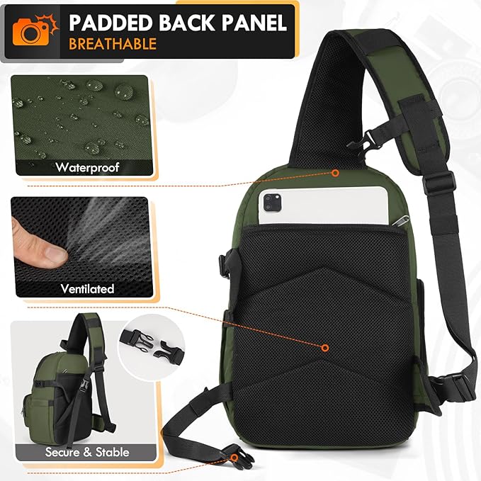 RAINSMORE Camera Bag, DSLR & Mirrorless Camera Sling Bag for Photographers Waterproof Small Camera Crossbody Case with Removable Padded Insert & Tripod Holder for Canon/Nikon/Sony/Fuji, Army Green