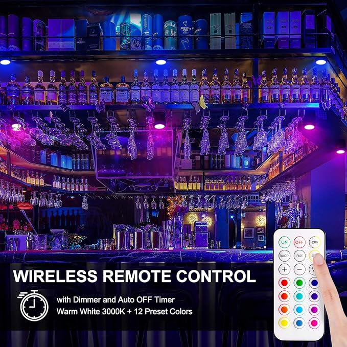 BLS LED Puck Lights with Remote, RGB 13 Color Changing Under Cabinet Lighting Wireless, AA Battery Operated, Tap, Touch, Push Stick on Lights for Closet, Kitchen, Night, Dimmer & Timer, Black, 2 Pack