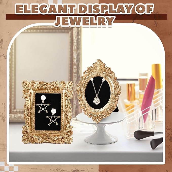 4 Pcs Mini Vintage Jewelry Display Stand Baroque Gold Picture Frame Necklace Earrings Holder Jewelry Photography Props Organizer with Velvet Backing Antique Decor for Wedding Women Gift