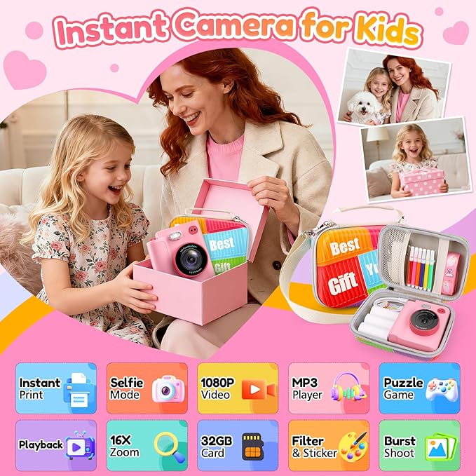 Gift for Girls Kids Camera: Instant Print Dual Lens Digital Camera Toys for Girl 3-12 Birthday Christmas Valentines Gifts for Kid Girls Boys Ages 3 4 5 6 7 8 9 10 with 32G SD Card Storage Bag Pink