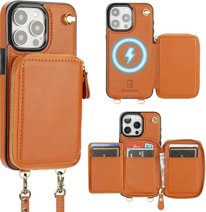 Bocasal for MagSafe Crossbody Wallet Case Compatible with iPhone 15 Pro Max, RFID Blocking Protective Purse Case with Card Slots Holder Kickstand Wrist Strap Lanyard Zipper 6.7 Inch 5G (Brown)