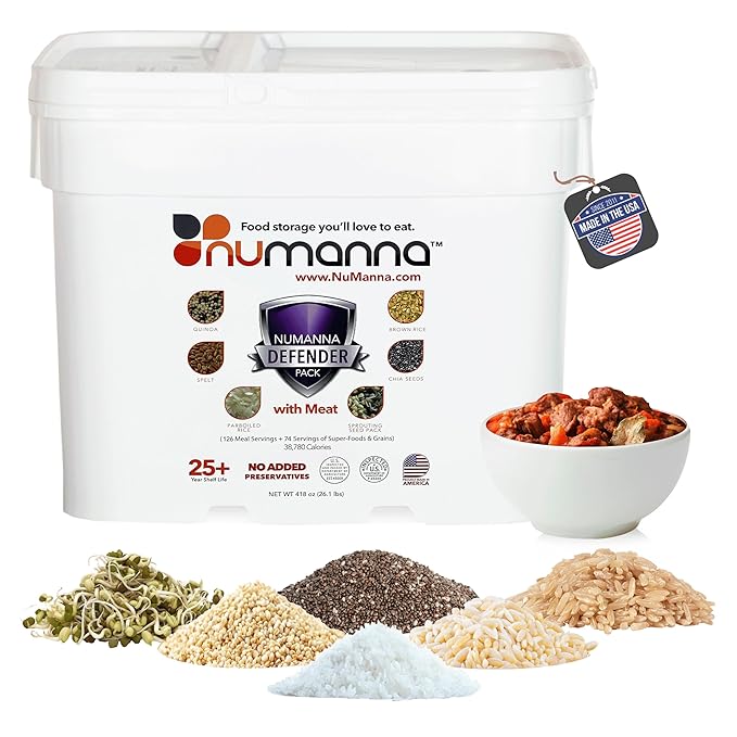 Numanna Defender Pack with Meat Bucket 1,296 Servings | 6-Months Emergency Food Supply with Protein | Easy-to-Prepare Survival Meals for Camping & Daily Use | 25+ Year Shelf Life | Made in USA