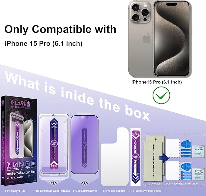 SHANG PIN JIA 2 Pack Anti Blue Light Matte Screen Protector for iPhone 15 Pro 6.1-Inch Auto Dust Removal, No Bubbles, Tempered Glass Film, Easy Installation