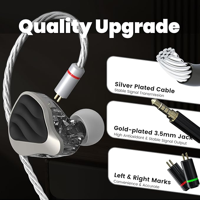 Hybrid in Ear Monitors Headphones with Mic, IEM Earphones 10mm Dual Dynamic Drivers, HiFi Wired Earbuds, Zinc Alloy Faceplate in Ear Monitor with Silver-Plated Detachable Cable for Musician