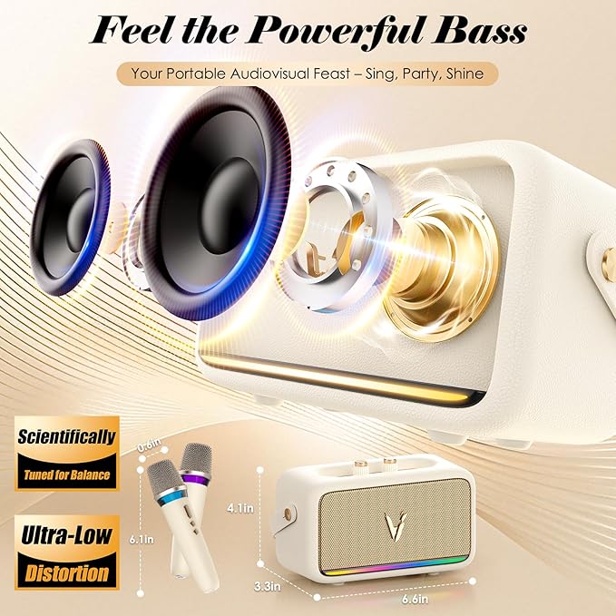 Karaoke Machine with 2 Wireless Mics & Soft Leather Wrap |mini Portable Bluetooth Speaker with 5 Voice Changer Modes for Home Party, AUX/USB/TF Support, for Kids and Adults