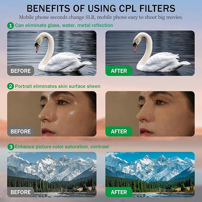 52mm Clip-on CPL Phone Camera Lens Filter Kit, Circular Polarizer Polarizing Filter Compatible with iPhone 16 15 14 13 12 11,Upgrade Smartphones Portable Polarizer