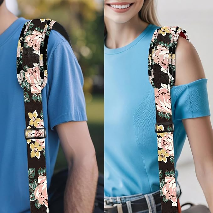 ZINZ 75" Shoulder Strap with Fixed Pad and Dual Balanced Buckles，Black Flowers