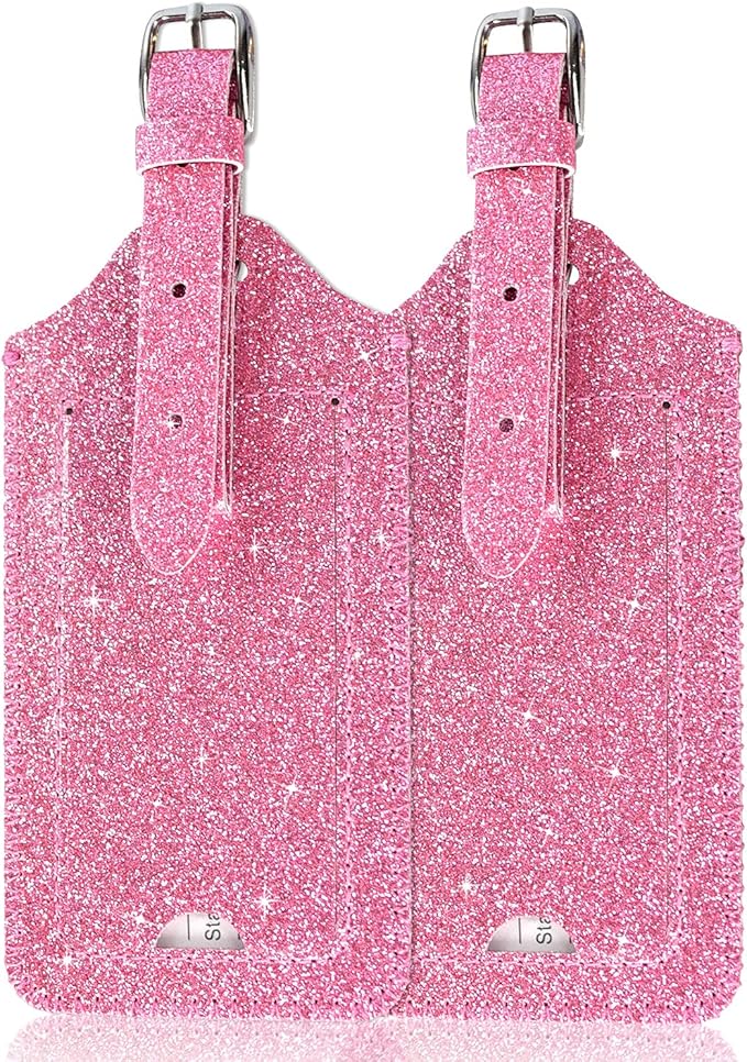 ACdream Luggage Tags 2 Pack, Leather Suitcase Tags Identifiers, Cute Cruise ID Labels with Privacy Cover fits on Backpack, Travel Bag, for Women, Men, Adults, Kids, Glitter Pink