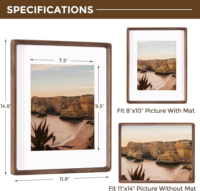 11x14 Wooden Picture Frames USA-Sourced Natural Walnut Solid Wood Photo Frame Handcrafted Rounded Corner with Mat to 8x10 Picture Frame Vintage Display with Real Glass Family Picture， 2 Pack