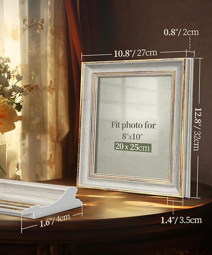 Afuly 8x10 Picture Frame Vintage Picture Frames Antique Retro White Gold Edge Photo Frame Gallery Wall Hanging Tabletop Display for Home Decor Birthday Gifts for Grandma Mom