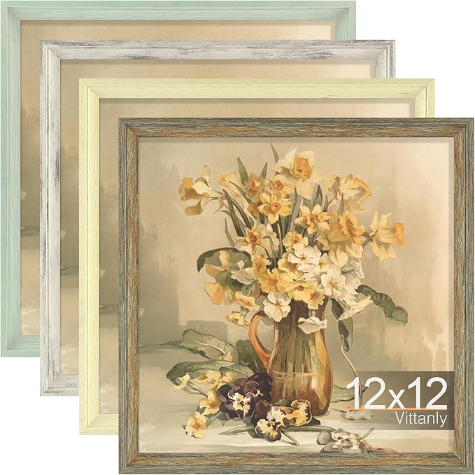 Vittanly 12x12 Picture Frame Set of 4, Vintage Photo Frame for Wall or Tabletop, Display 8x8 Pictures with Mat or 12x12 without Mat, Rustic Farmhouse Home Decor, Multicolour