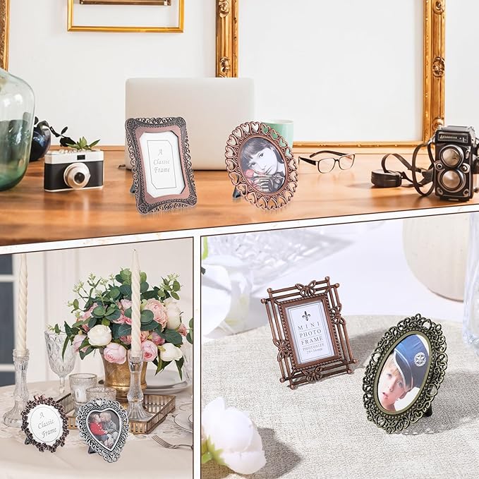 6 Pcs Mini Vintage Picture Frame,1 Inch Size Picture Frames Tiny Metal Pictures Frames 1" Antique Mini Pictures Frame for Tabletop and Wall Display Old Fashioned Photo
