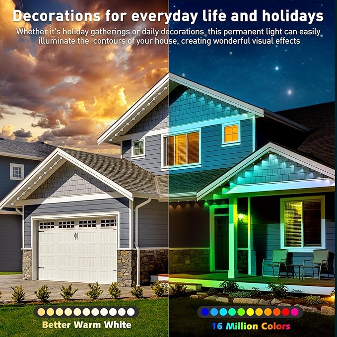 Permanent Outdoor Lights,190FT RGB Eave Light,IP67 Waterproof Lighting for House,Smart LED with App/Remote Control for Outdoor Decor,Garden Decor,Party,Holiday
