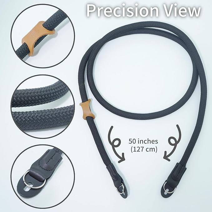 Little Fire Craft Camera Strap Crossbody Camera Neck Shoulder Strap 127cm Climbing Rope for Photographers Lanyard 10mm Thick - Black