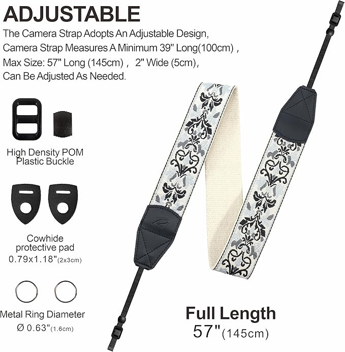 Padwa Lifestyle Camera Strap - 2" Wide Vintage Jacquard Embroidery Grey Flower Camera Straps with Genuine Leather Head,Adjustable Neck Shoulder Strap for All Cameras and Men & Women Photographers
