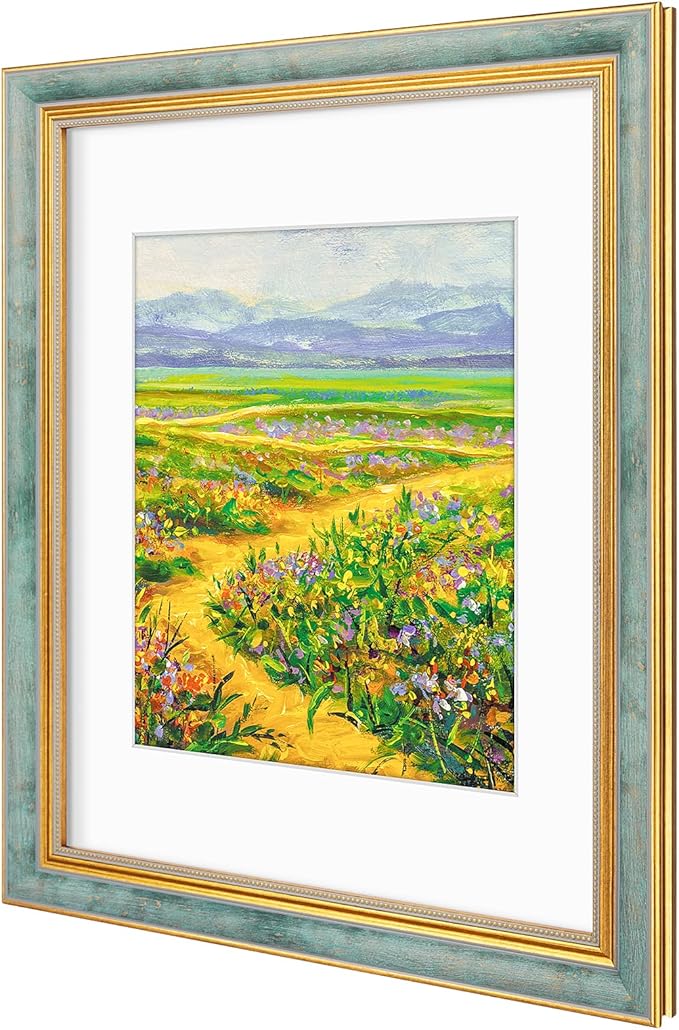 Golden State Art,11x14 Ornate Picture Frame for 8x10 Photo with Mat or 11 x 14 Prints Without Mat, Real Glass Wall Display Horizontally or Vertically (Color:Distressed Blue Gold)